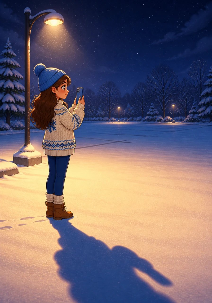 Underneath the warm yellow glow of a solitary streetlamp near an empty parking lot, the camera pans in a slow circle to capture the quiet, open space. The long shadow of the teen girl, wearing a thick patterned sweater, turns smoothly with the phone held steady, capturing the endless expanse of undisturbed snow.
