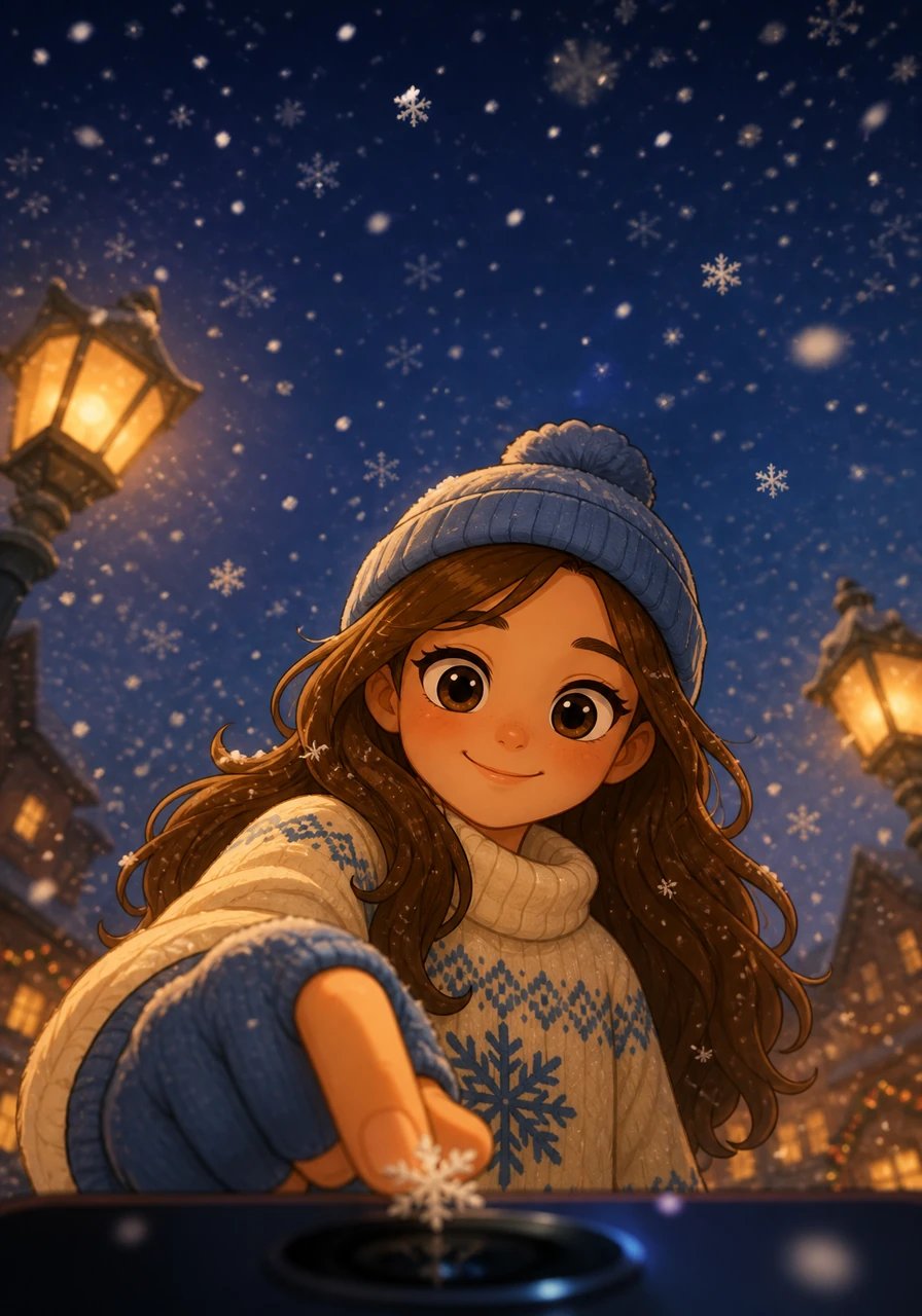 The phone camera slowly tilts up towards the deep twilight sky where gentle, heavy snowflakes drift down quietly through the warm glow of street lanterns. Maya's hand in a soft winter glove briefly enters the bottom of the portrait frame to wipe a tiny stray flake off the phone lens.