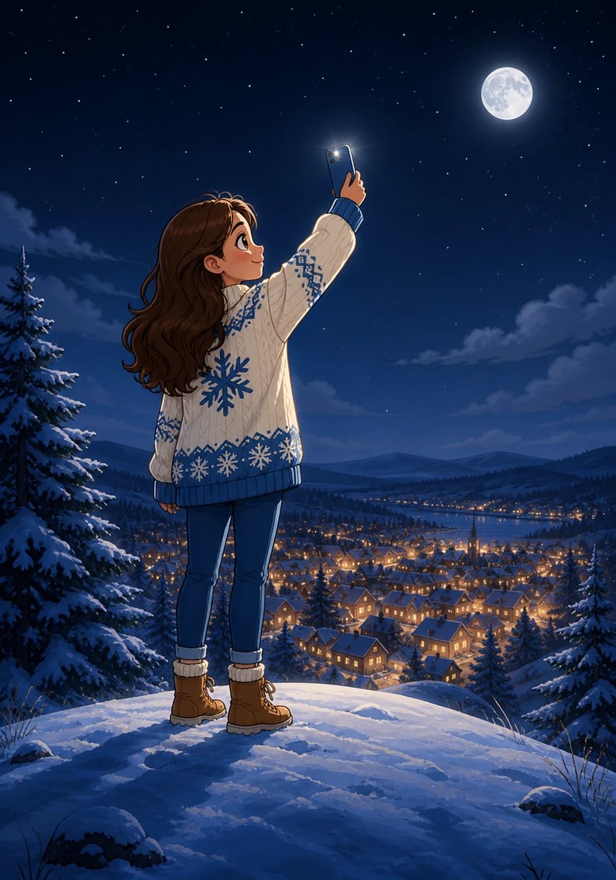 The video comes to a gradual stop at the top of a quiet, snow-capped hill looking down over the slumbering, glowing neighborhood lights in the distance. The sharp silhouette of Maya holding her phone high captures the peaceful liminal beauty of the sleeping town before the recording ends.