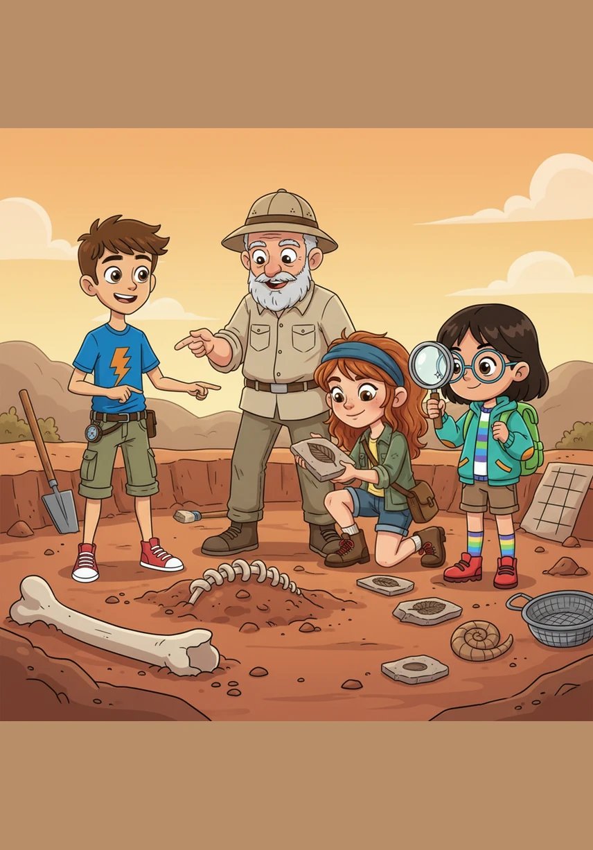 Paleontolog, çocukları kazı alanına davet ederek onlara diğer buluntuları da gösterdi. Toprağın arasından çıkan dev bir kemik parçasını ve taşa basılmış ince bir yaprak izi çocukları büyüledi. Her bir fosil, dünyanın eski zamanlarından kalma gizemli birer ipucuydu.