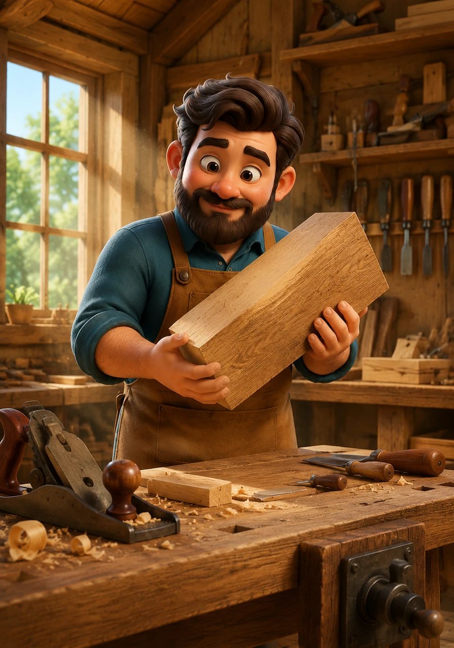 Silas the carpenter steps into his sun-drenched workshop, where the air smells of cedar and fresh pine. He picks up a sturdy block of oak, feeling its weight and imagining the beauty hidden within its grain.
