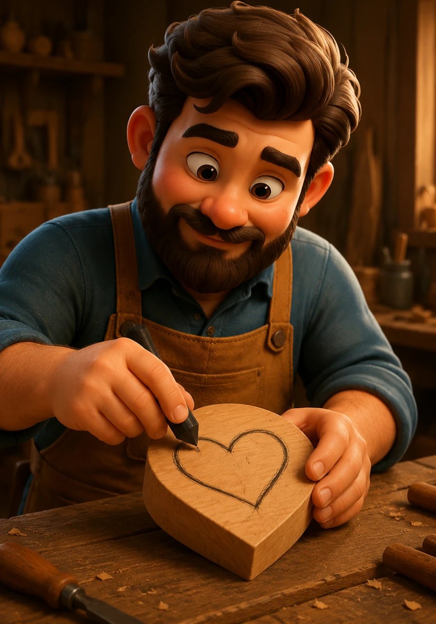 With a piece of charcoal, Silas carefully sketches a perfect heart shape onto the surface of the wood. His hands are steady, guided by a vision of a gift that will last a lifetime.