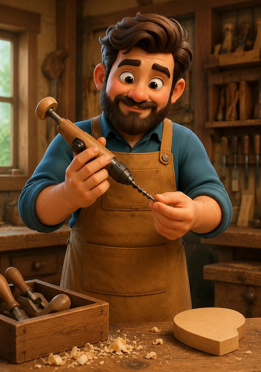 He selects his most trusted hand drill, a tool with a polished wooden handle that has been with him for years. He checks the sharp bit, ensuring every turn will be precise and clean.