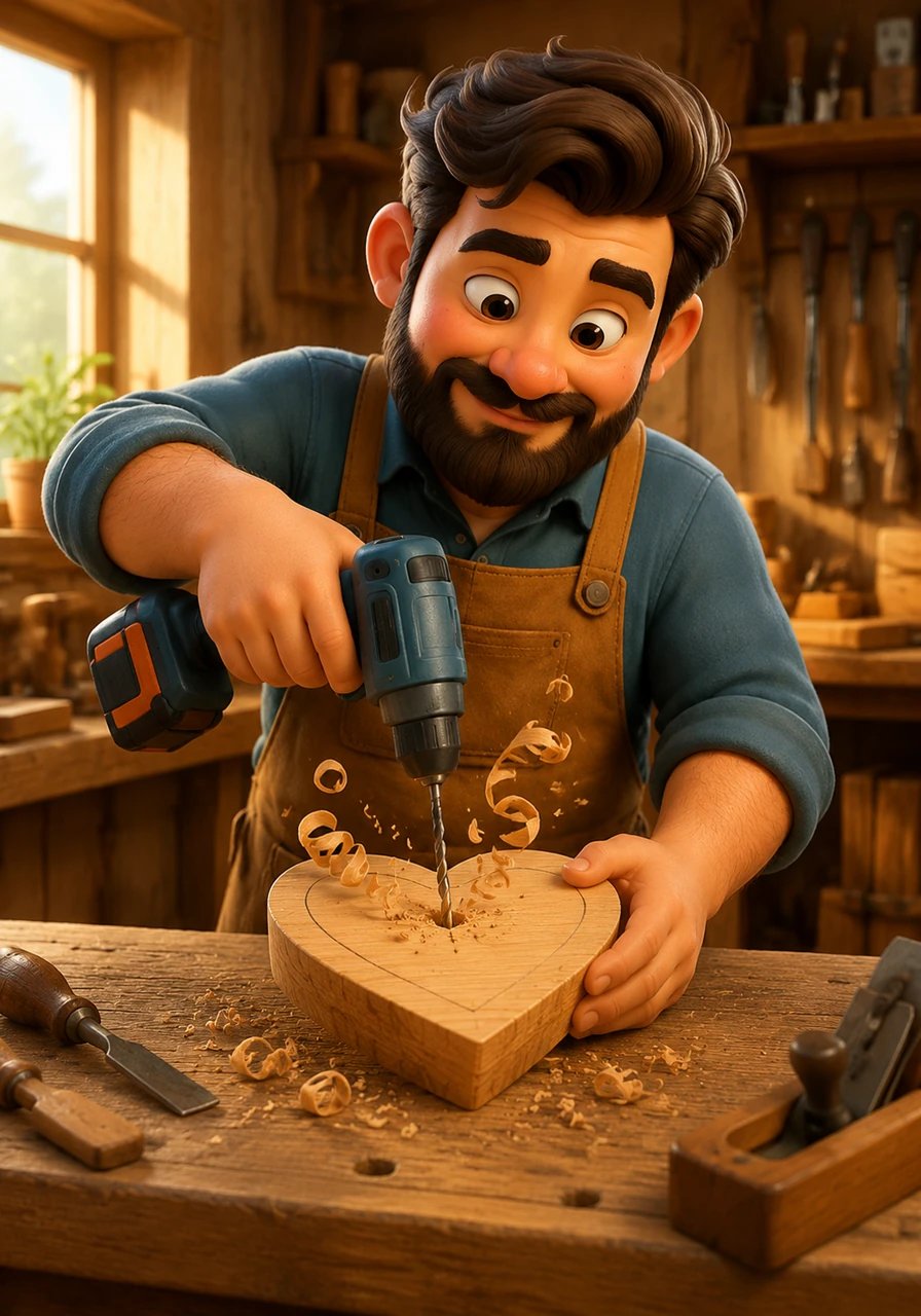 The rhythmic sound of the drill fills the quiet room as Silas begins to pierce the wood along the charcoal lines. Little curls of oak spiral upward, dancing in the morning light as he works with focused intent.
