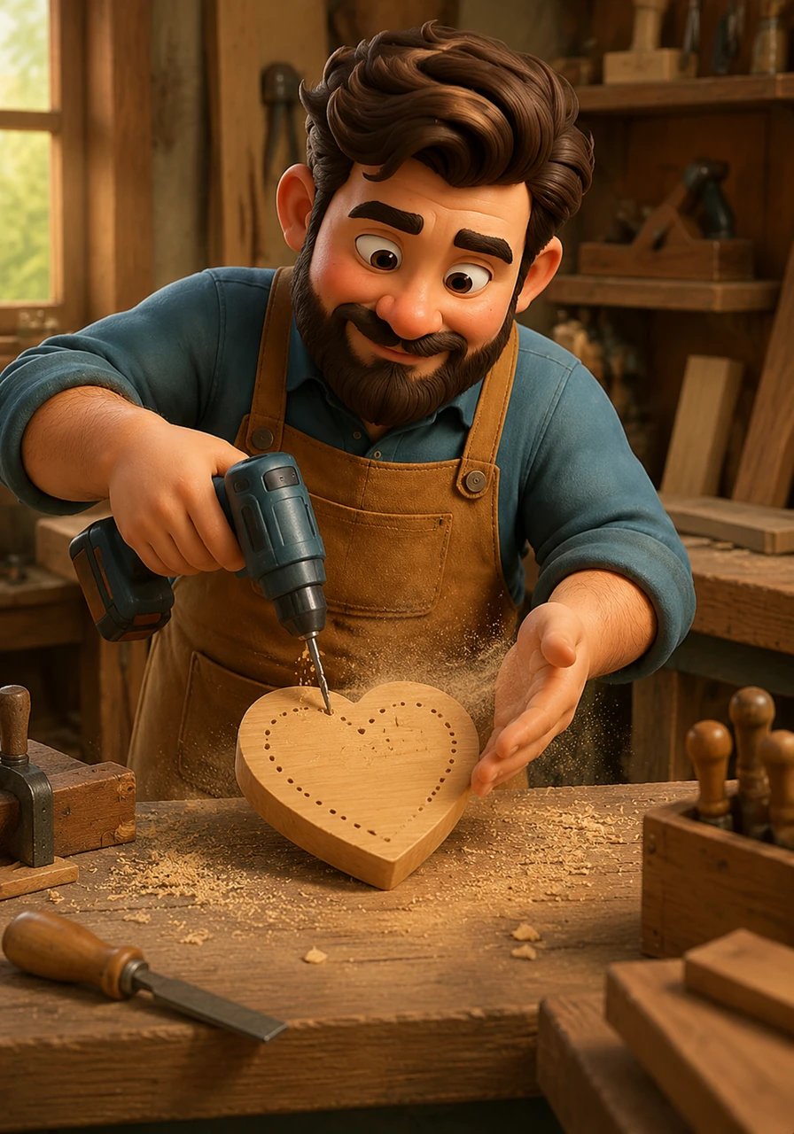 Silas moves the drill with practiced ease, creating a series of small, perfect holes that trace the curves of the heart. He pauses occasionally to blow away the fine sawdust, revealing the progress of his careful labor.