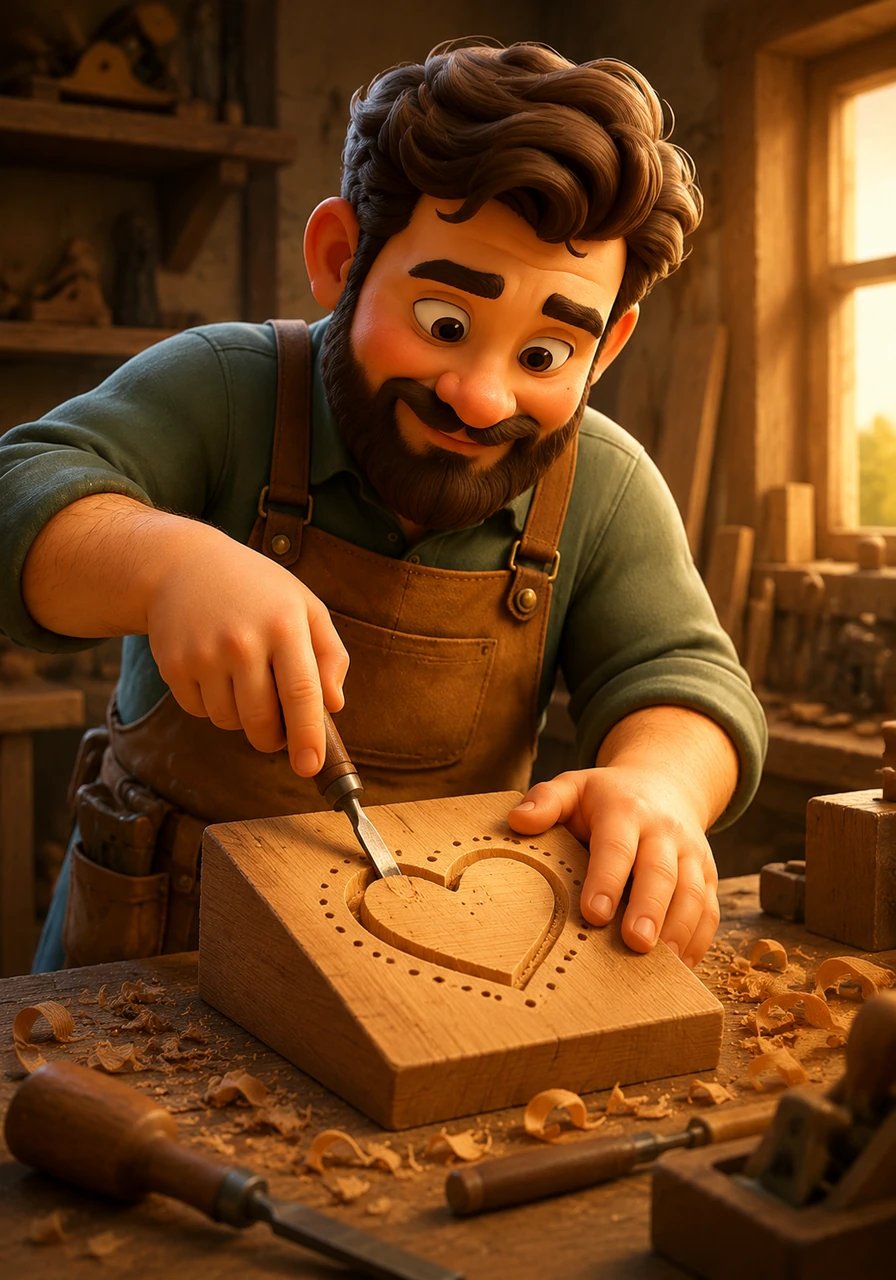 Taking a fine chisel, he begins to connect the holes, gently carving away the excess wood to reveal the heart's silhouette. Each stroke is deliberate, showing his deep respect for the material in his hands.