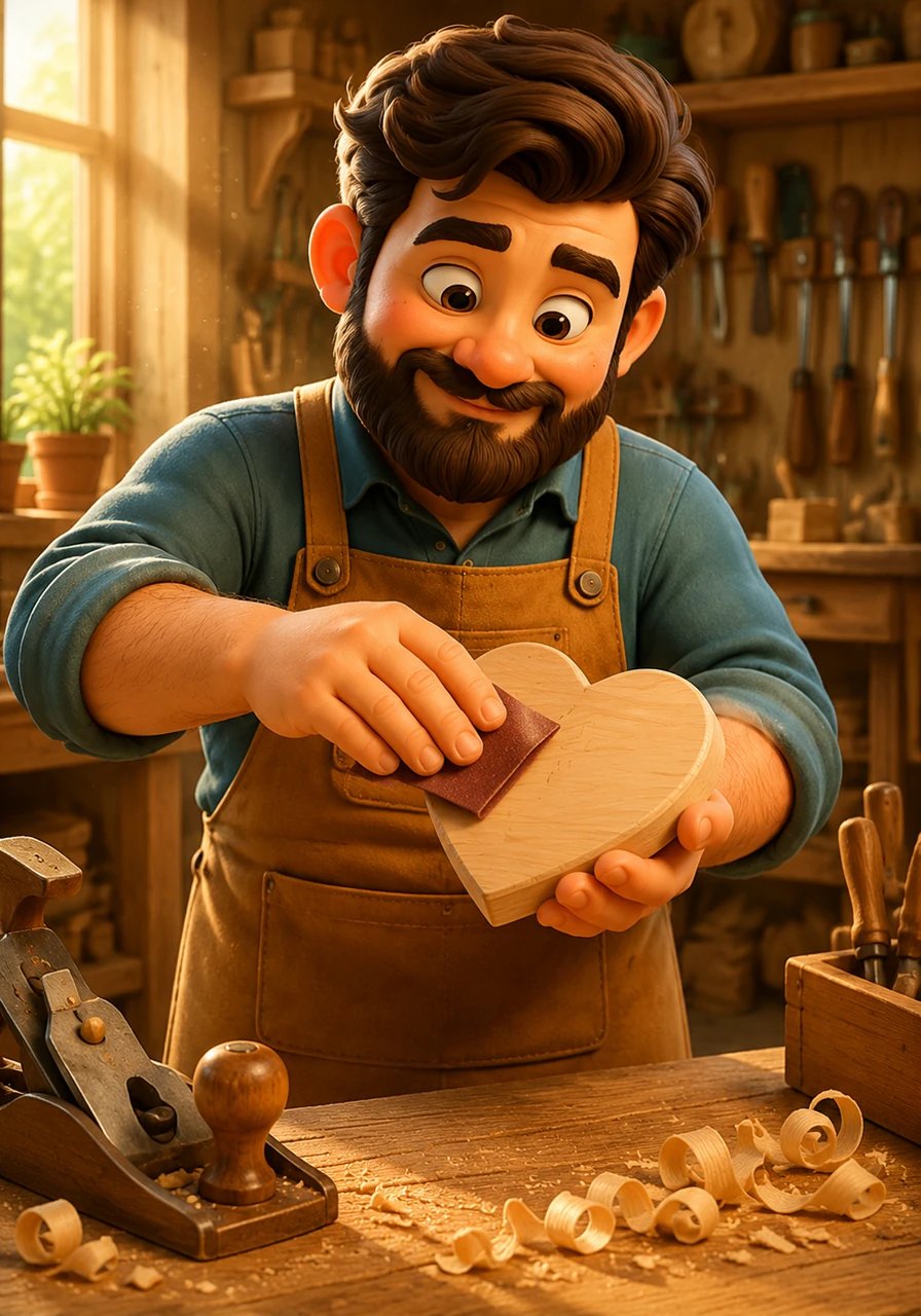 With a piece of fine-grit sandpaper, Silas smooths the surface until the wood feels like velvet to the touch. He works patiently, ensuring every curve of the love-shaped carving is flawless and inviting.