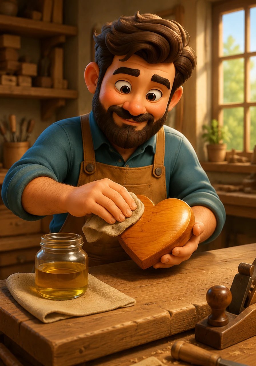 He dips a soft cloth into a jar of natural oil and begins to rub it into the wood, watching the grain deepen and glow. The heart transforms into a rich, golden treasure that radiates warmth and care.