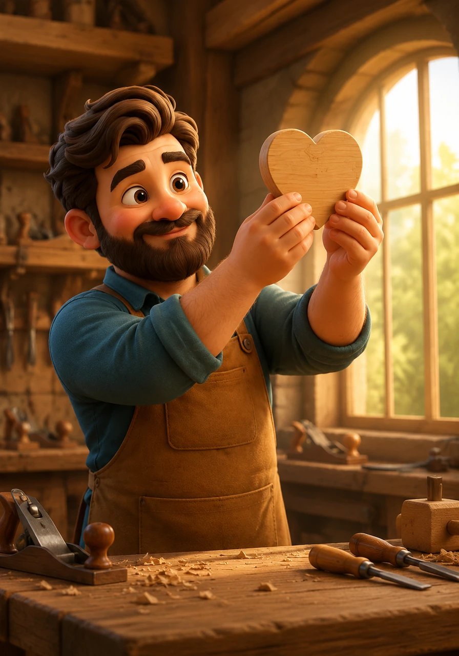 Silas holds the finished love-shaped handicraft up to the light, a proud smile crossing his face. His simple piece of wood has become a masterpiece of devotion, ready to be shared with someone special.