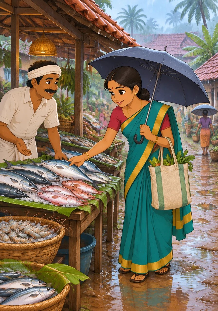 Soft raindrops patter against red-tiled roofs as Amudha steps out into the lush green Tamil village. Holding a simple umbrella and a cloth shopping bag, she walks along the glistening muddy paths to the small local market, where she thoughtfully selects the freshest catch of the day from a friendly vendor.