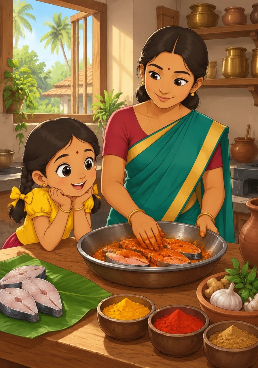Back in her sunlit traditional kitchen, Amudha gently cleans and washes the fish while her curious little daughter looks on with wide eyes. Together they marinate the fish, rubbing bright yellow turmeric, vibrant red chilli powder, and aromatic spices over every piece.