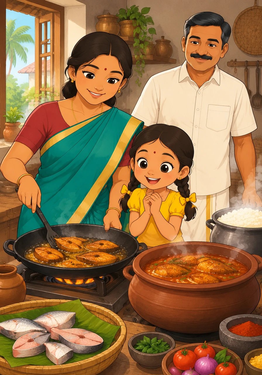The rich aroma of South Indian spices fills the air as the spiced fish sizzles into a golden crisp in a hot pan. In a classic clay pot nearby, a tangy tamarind fish curry bubbles softly while steam rises high from a pot of freshly cooked white rice.