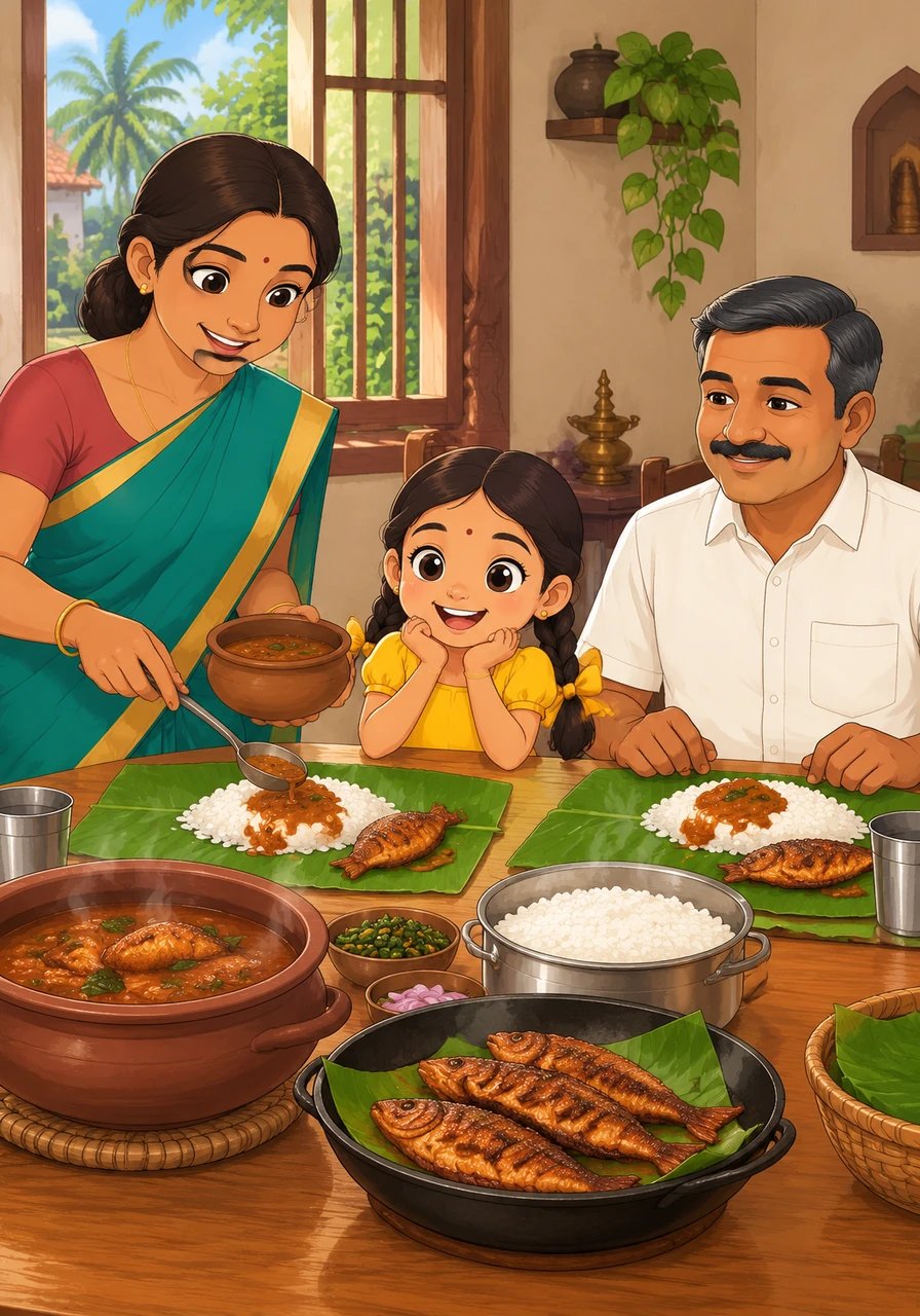 Fresh green banana leaves are unfolded before each family member as the feast begins. Smiling warmly, Amudha ladles steaming rice, pours rich tamarind curry, and places crispy fried fish beside it for her husband and excited daughter.