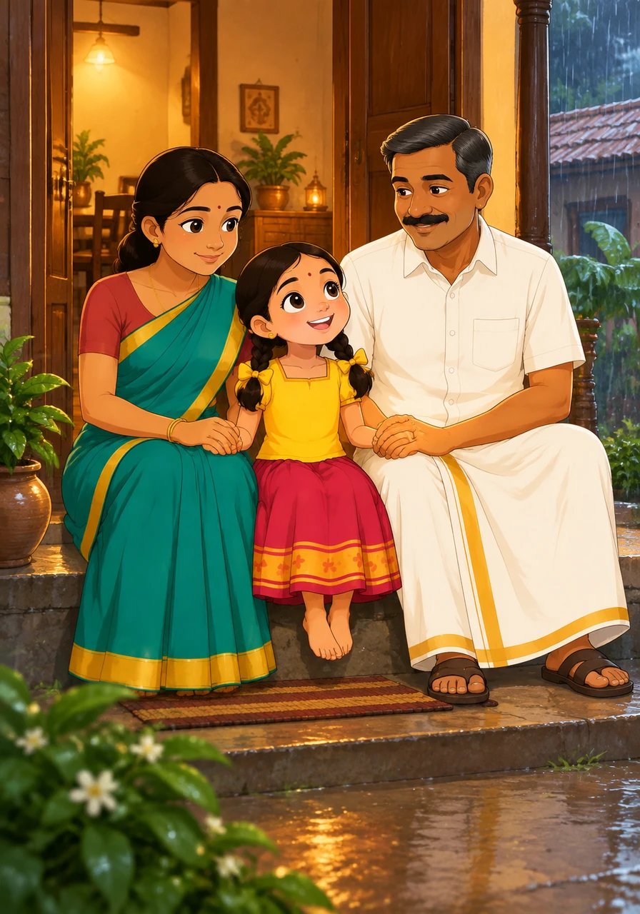After the satisfying meal, the family sits close together near the open doorway, bathed in the cozy golden light of their home. Hand in hand, they listen to the rhythmic falling rain, wrapped in contentment and love.