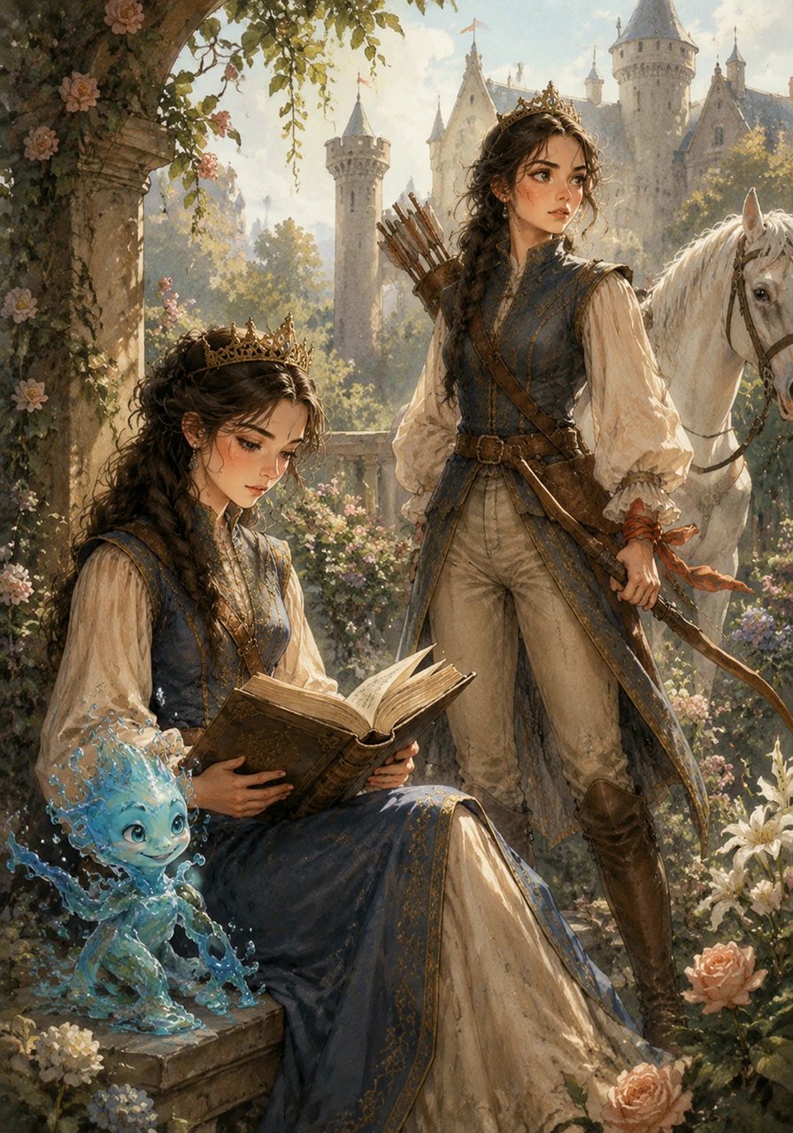 Deep in the heart of the kingdom of Everglen, Princess Ariana and Princess Daniela lived in a grand castle surrounded by ancient, blooming gardens. Ariana loved reading quiet books of ancient lore, while Daniela spent her days practicing archery and riding her swift white horse across the hills.