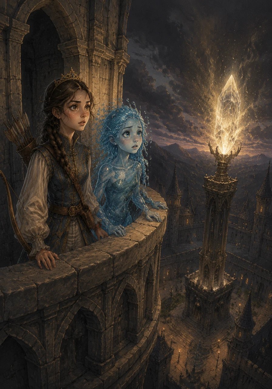 At the highest tower of the castle sat the Star of Everglen, a magnificent celestial crystal that bathed the entire kingdom in a warm, protective glow. One evening, the sisters noticed the star's brilliant light beginning to flicker and fade, casting long shadows across the courtyard.