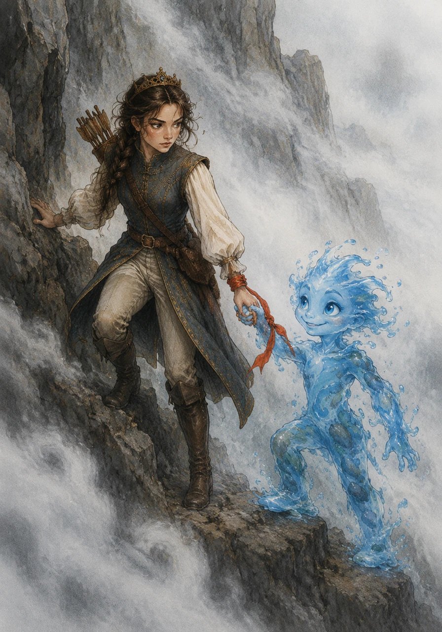 As they climbed higher, the air grew chilly and a thick, swirling mist rolled down from the rocky cliffs above. Daniela tied a bright silk ribbon between their wrists so they wouldn't lose each other in the white fog, pulling her sister safely past steep and hidden ledges.