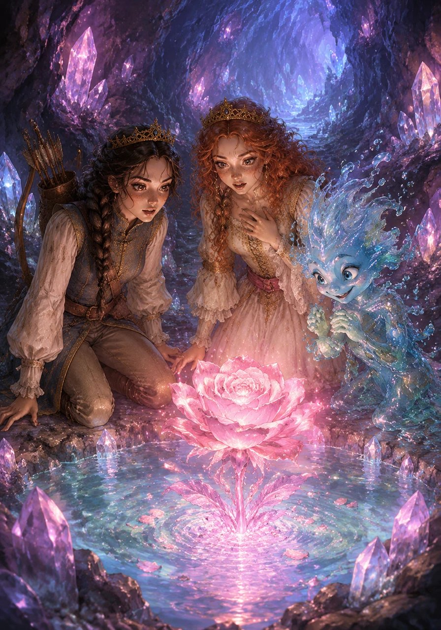 At the very top of the Whispering Mountains, nestled inside a cave of glowing crystals, they found the beautiful Heart-Rose blooming in a pool of pure water. The petals pulsed with a soft, pink light that warmed the cold cavern and made the sisters gasp in wonder.
