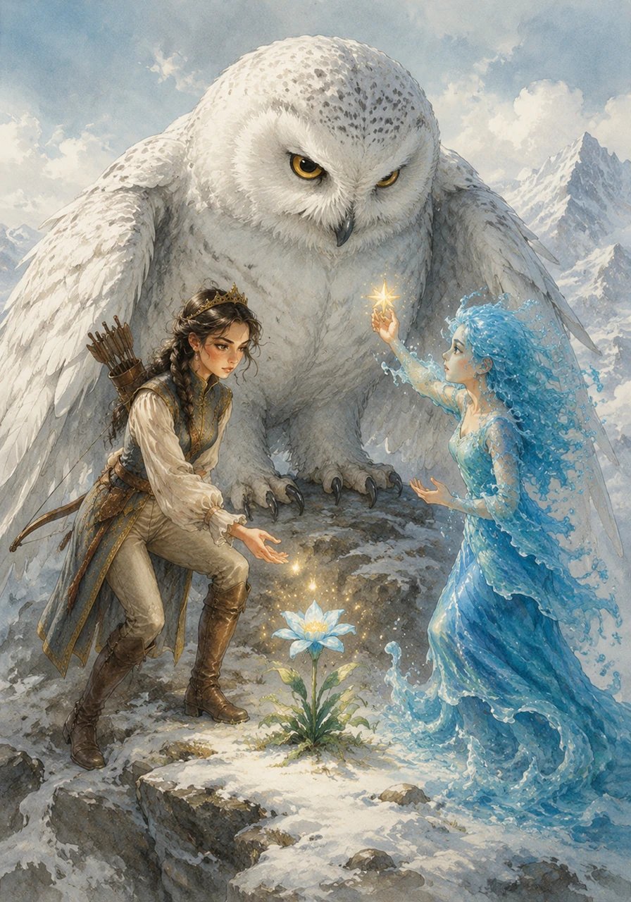 Just as Daniela reached out to pluck the flower, a giant, gentle snow owl landed beside it, guarding the sacred bloom from travelers. Instead of fighting, Ariana spoke softly to the creature and showed it the fading Star of Everglen from the mountain ledge, explaining their quest to save their home.