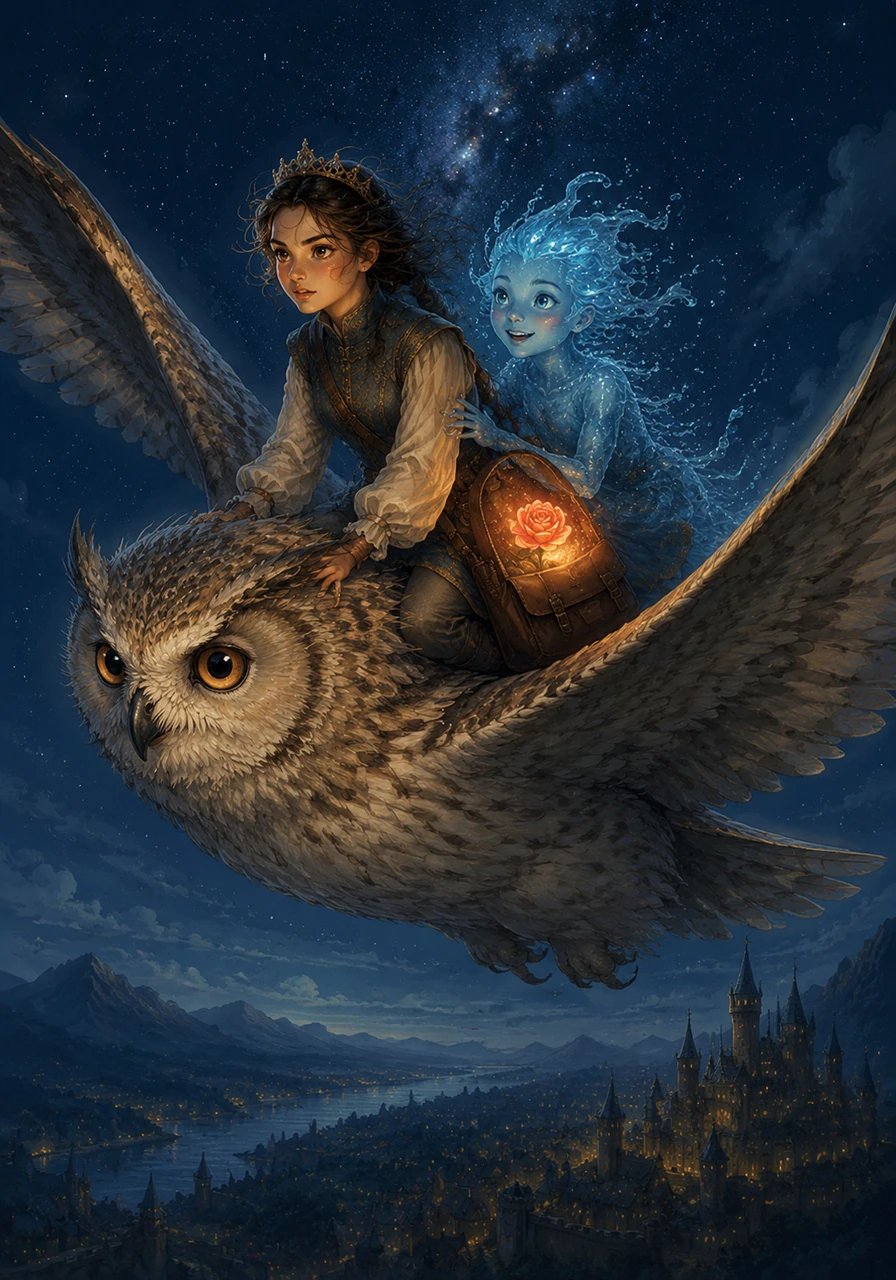 Moved by their love for their kingdom and each other, the wise owl bowed its head and allowed the princesses to gently gather the glowing rose. With the flower safely in Daniela’s satchel, the owl invited them onto its broad, feathery back and soared into the night sky, flying them swiftly home.