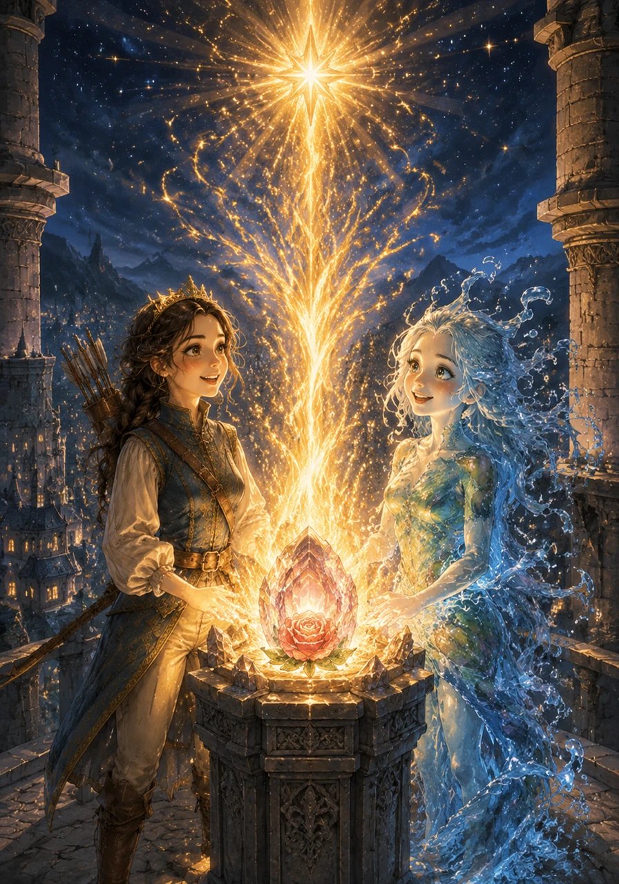 Back at the highest tower, Ariana and Daniela placed the Heart-Rose beneath the fading crystal, and a burst of brilliant, golden light exploded into the sky. The Star of Everglen burned brighter than ever before, reflecting in the proud smiles of the two sisters who had saved their kingdom together.