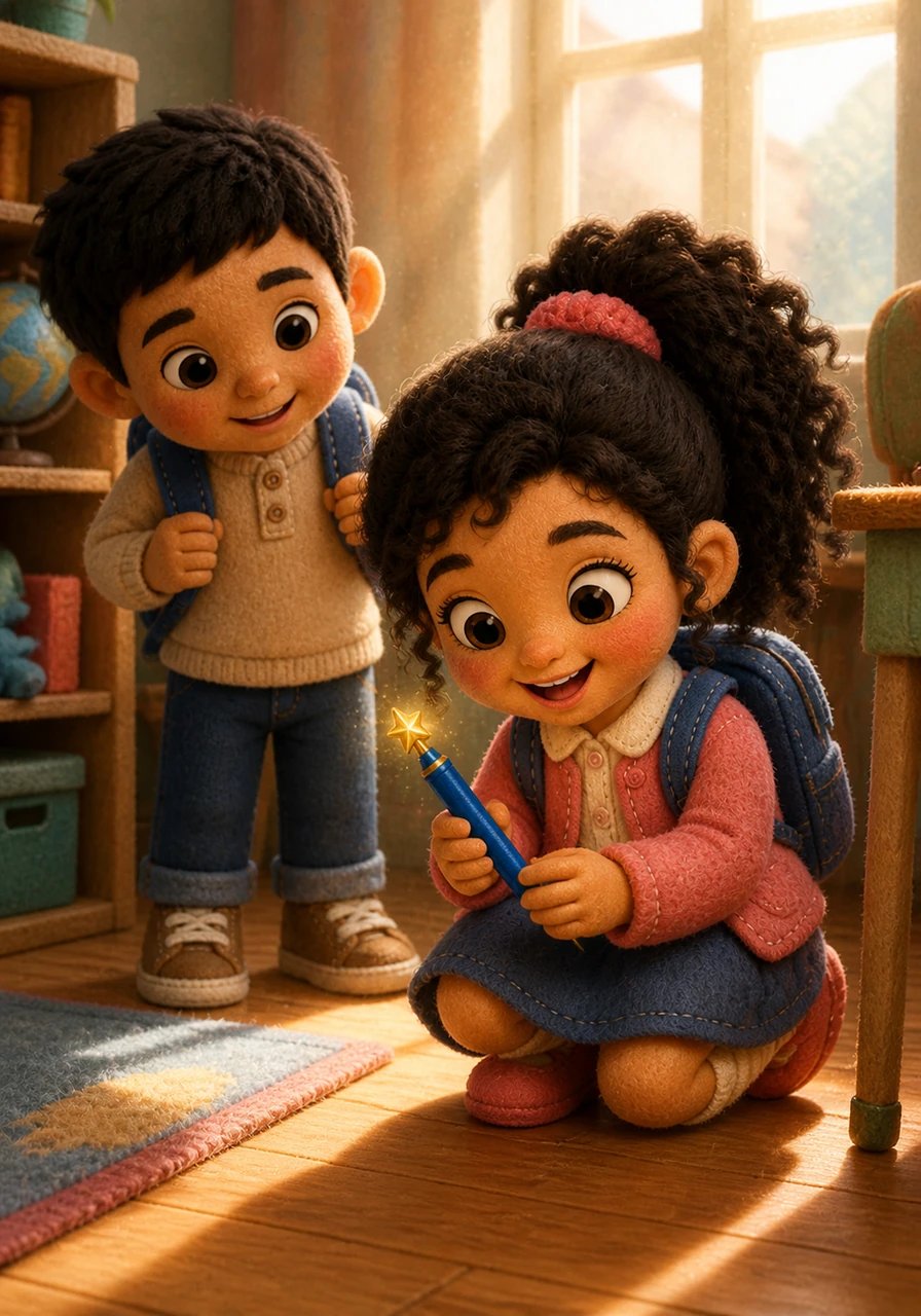 Elle ramasse un stylo d'un bleu profond, orné d'une petite étoile dorée qui scintille mystérieusement sous la lumière des fenêtres. C'est le plus beau stylo qu'elle ait jamais vu.