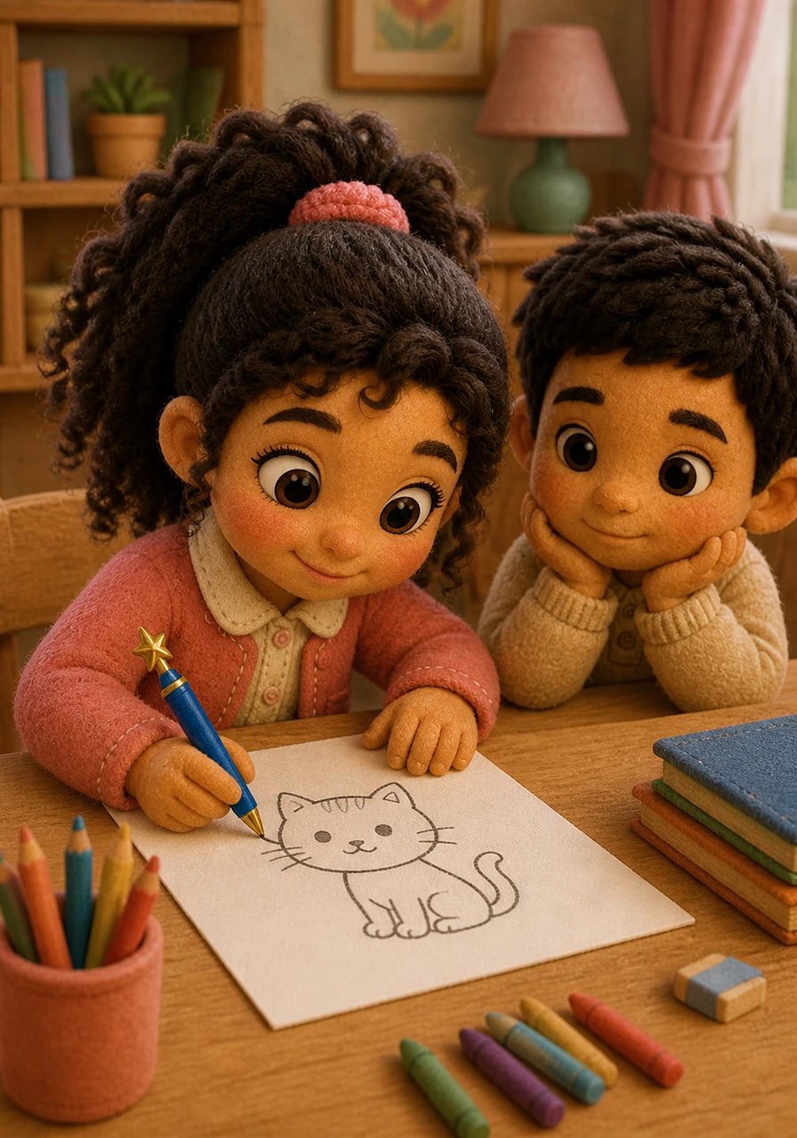 Curieuse, Yasmine pose la pointe du stylo sur une feuille blanche et dessine avec soin la silhouette d'un petit chat. Elle s'applique sur chaque détail, des moustaches fines jusqu'au bout de la queue.