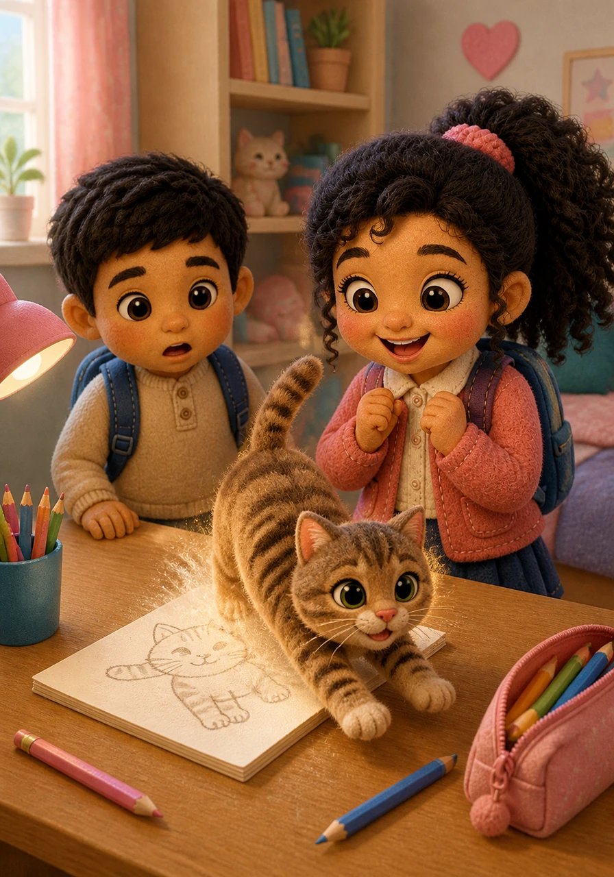 Soudain, le dessin s'anime et le petit chat sort de la feuille en s'étirant avec souplesse. Il ouvre ses grands yeux malicieux et commence à trottiner joyeusement sur le pupitre en bois de Yasmine.