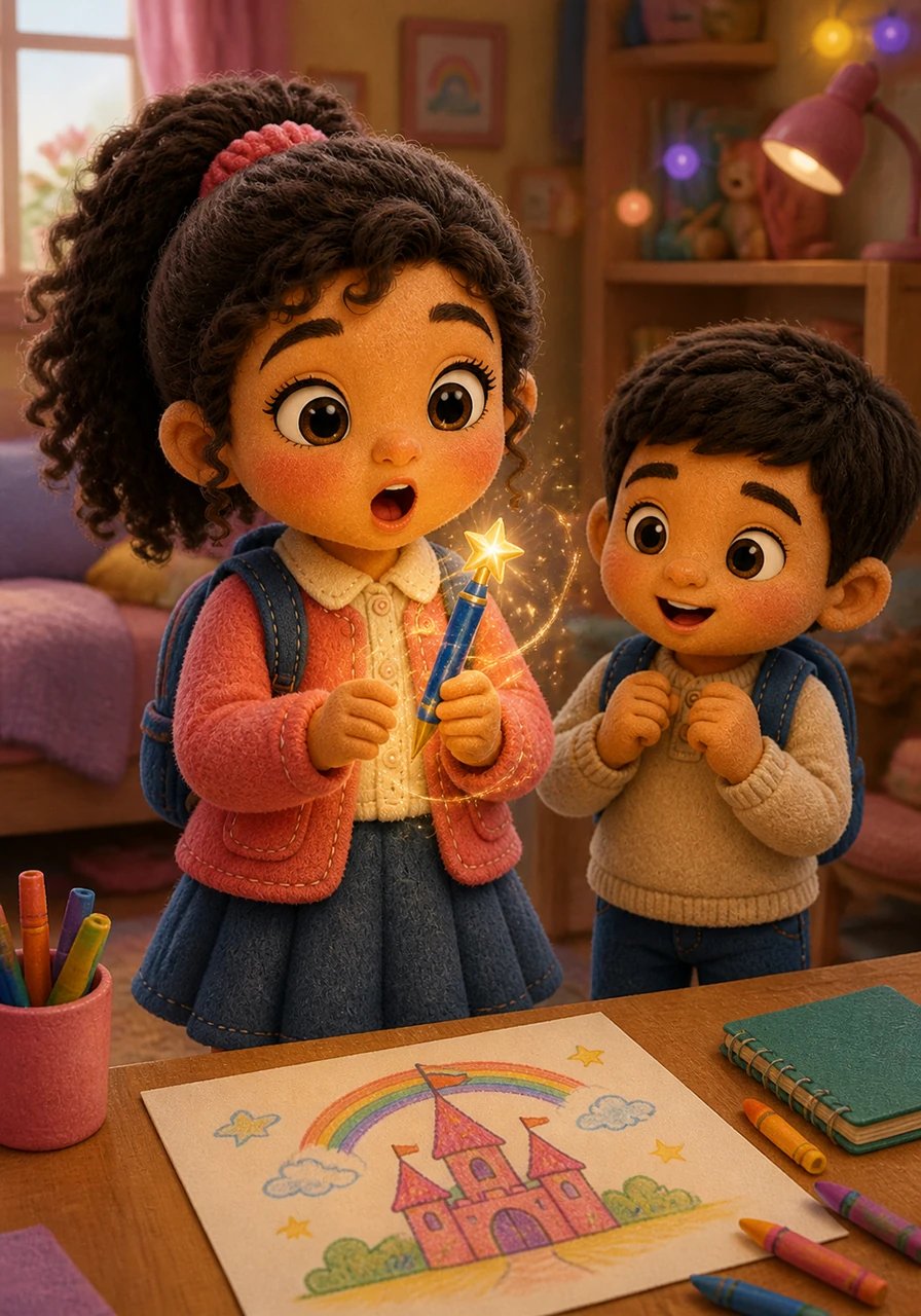 Yasmine reste bouche bée, le cœur battant de surprise et de joie intense. Elle réalise instantanément qu'elle tient entre ses mains un stylo magique capable de transformer ses dessins en réalité.