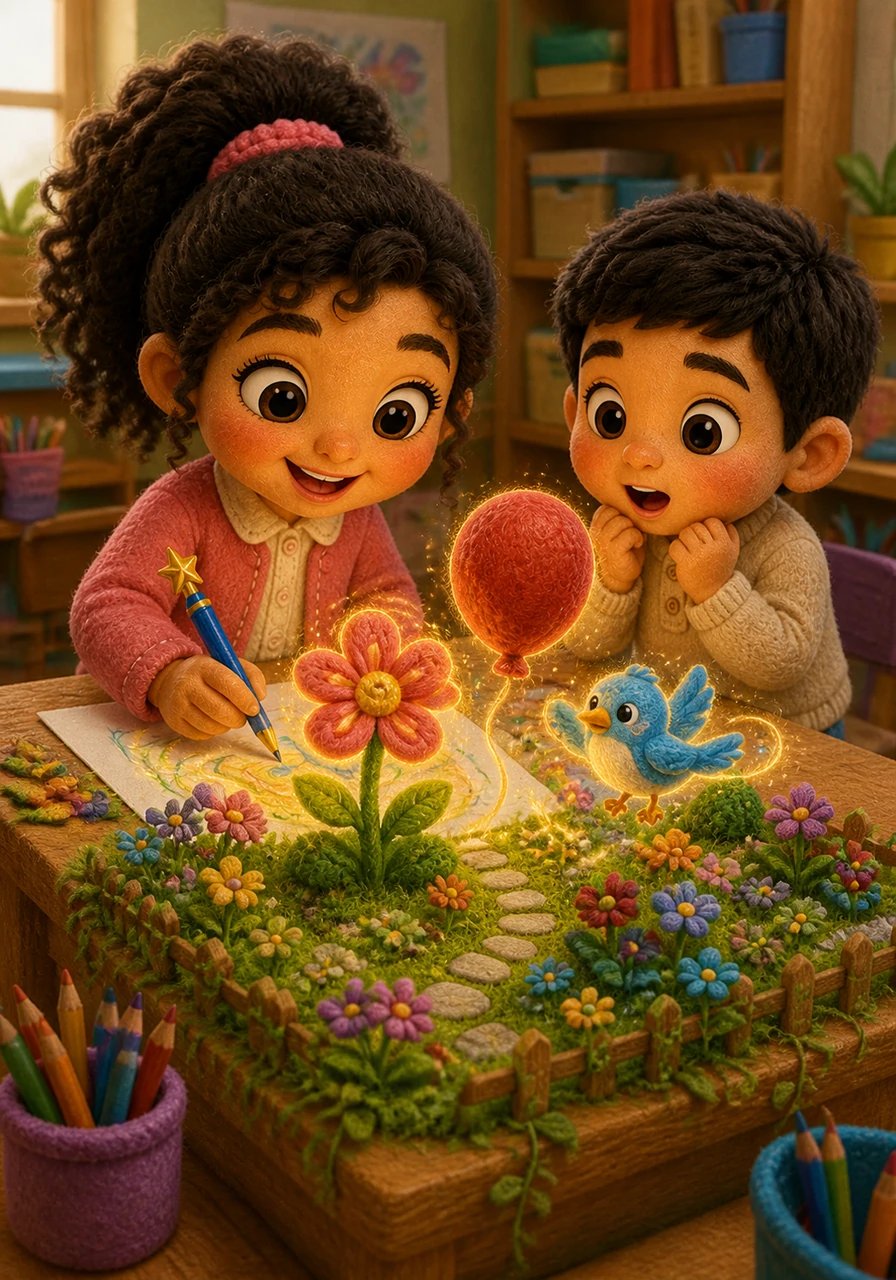 Pour tester son nouveau pouvoir, elle dessine rapidement une fleur éclatante, un grand ballon rouge et un petit oiseau délicat. La table de classe se transforme peu à peu en un jardin miniature merveilleux.