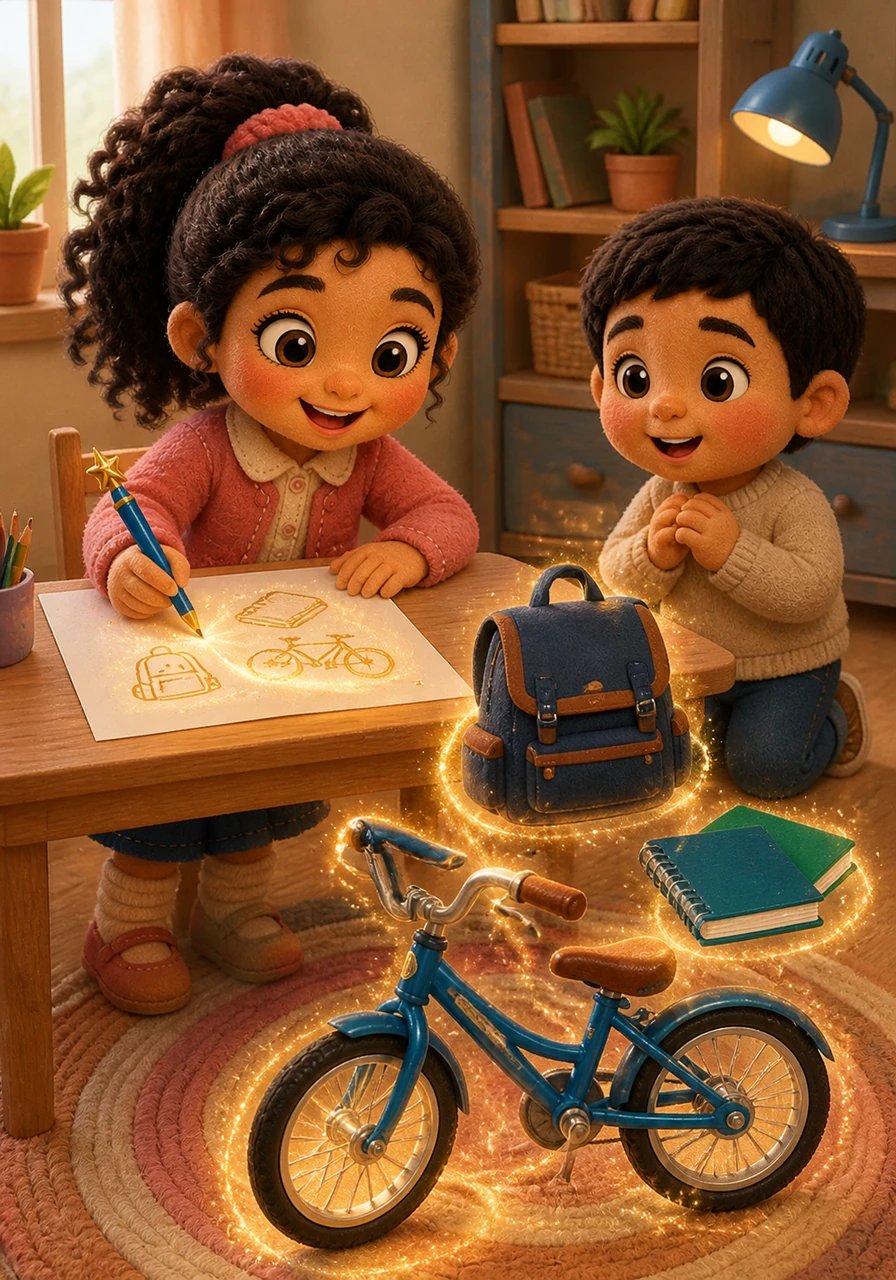 Avec beaucoup de générosité, elle dessine un cartable solide, des cahiers neufs et un beau vélo brillant pour son petit frère. Les objets apparaissent un à un, réels et prêts à être utilisés.