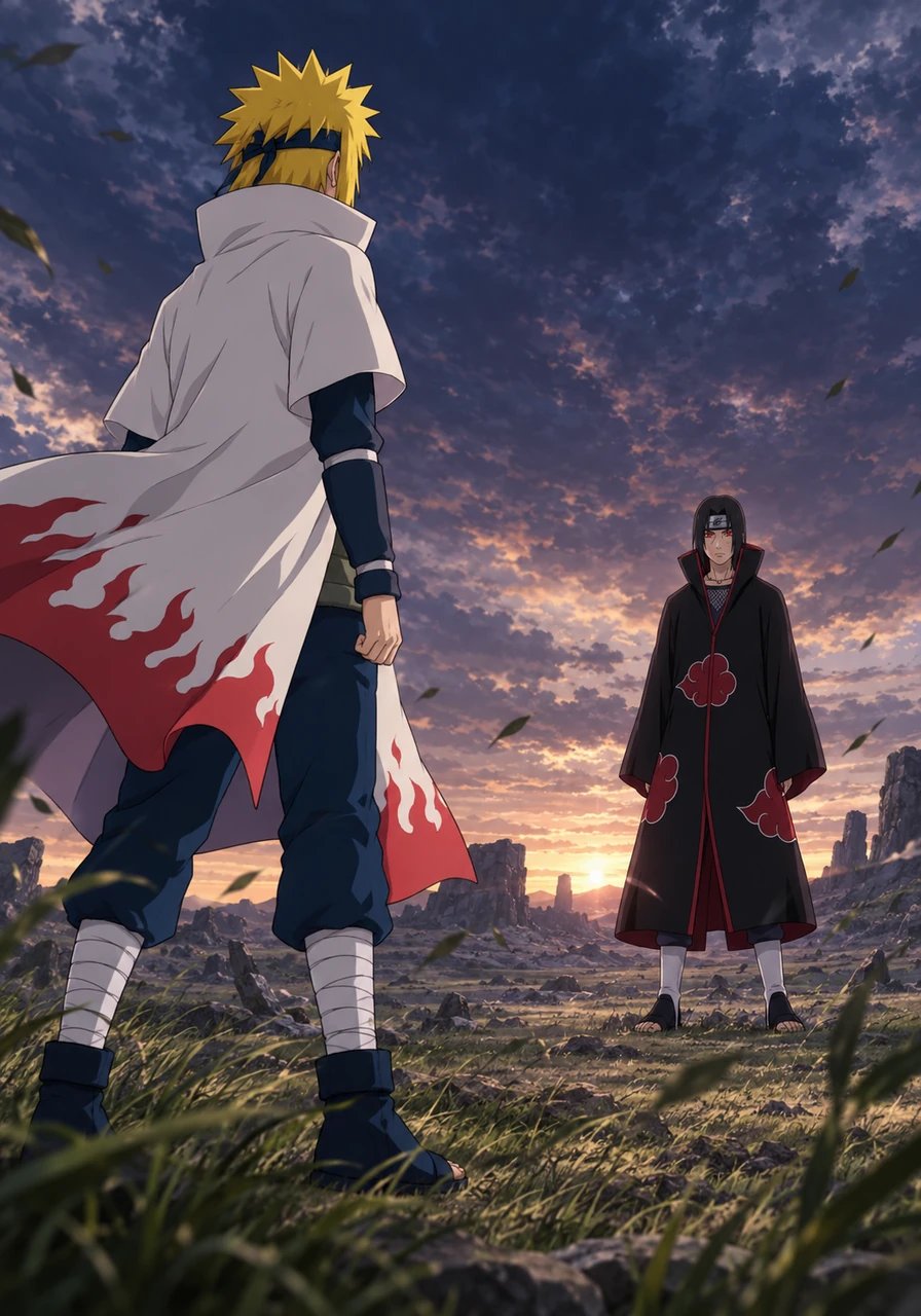The wind blew gently across the deserted battlefield, carrying a soft rustle through the quiet grass. Two motionless figures stood facing each other, as if time itself held its breath. Minato Namikaze, the Fourth Hokage, stood tall with his white cloak fluttering, while Itachi Uchiha remained impassive, his crimson eyes gleaming in the shadows.