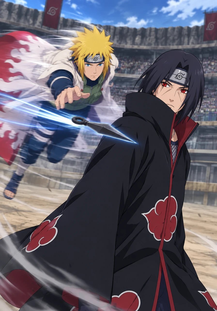 A heavy silence enveloped the arena before everything shattered in an instant. Minato vanished into thin air, reappearing a fraction of a second later as a marked kunai sliced behind Itachi. Yet Itachi did not flinch; his Sharingan had already anticipated the trajectory, allowing him to turn with cool composure.