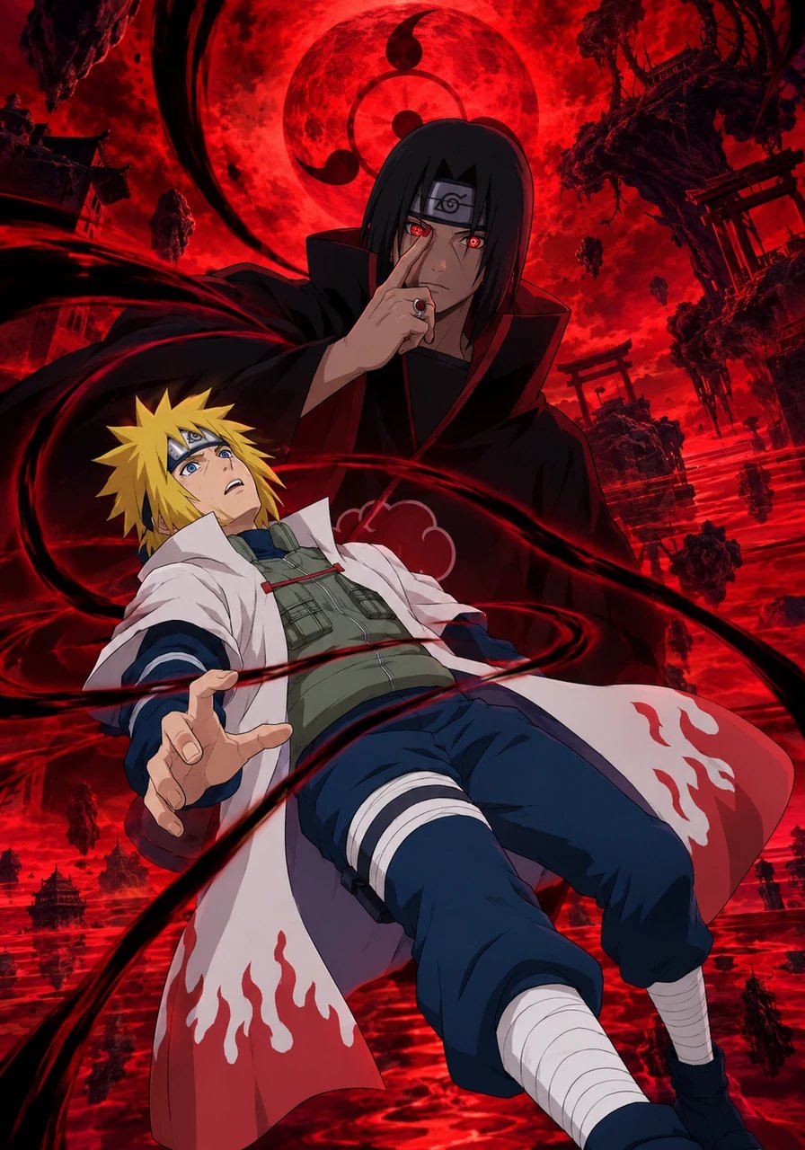 Without warning, Itachi activated his Mangekyō Sharingan, shifting reality around them in a sudden swirl of shadow. Minato found himself cast into Tsukuyomi, a terrifying blood-red universe where time and space bent to his opponent's absolute command. Crimson skies loomed heavily over the surreal landscape.