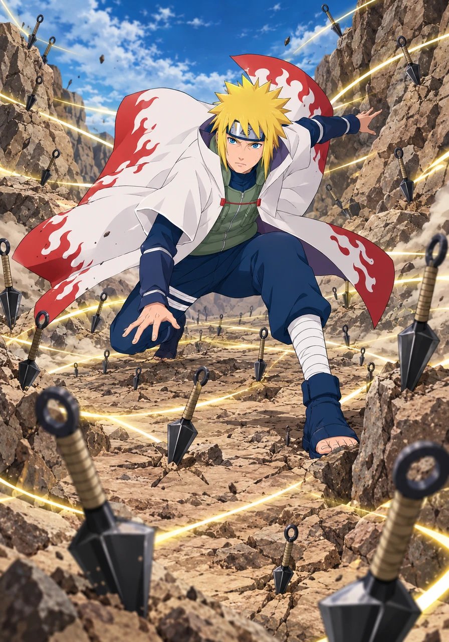 Minato hurled dozens of his specially marked kunai in all directions, embedding them deep into the soil and rocky outcroppings. The barren battlefield transformed into an intricate web of teleportation coordinates. Standing amidst his hidden network, the Yellow Flash prepared to strike at unimaginable speed.