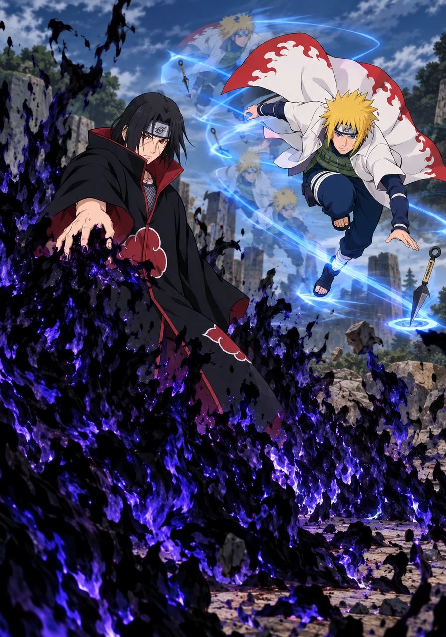 Observing calmly, Itachi focused his gaze, igniting pitch-black flames out of nowhere. The unquenchable fire of Amaterasu surged toward Minato, burning everything in its path. Instantly, Minato warped fluidly between his marked daggers, evading the dark inferno with flawless precision.