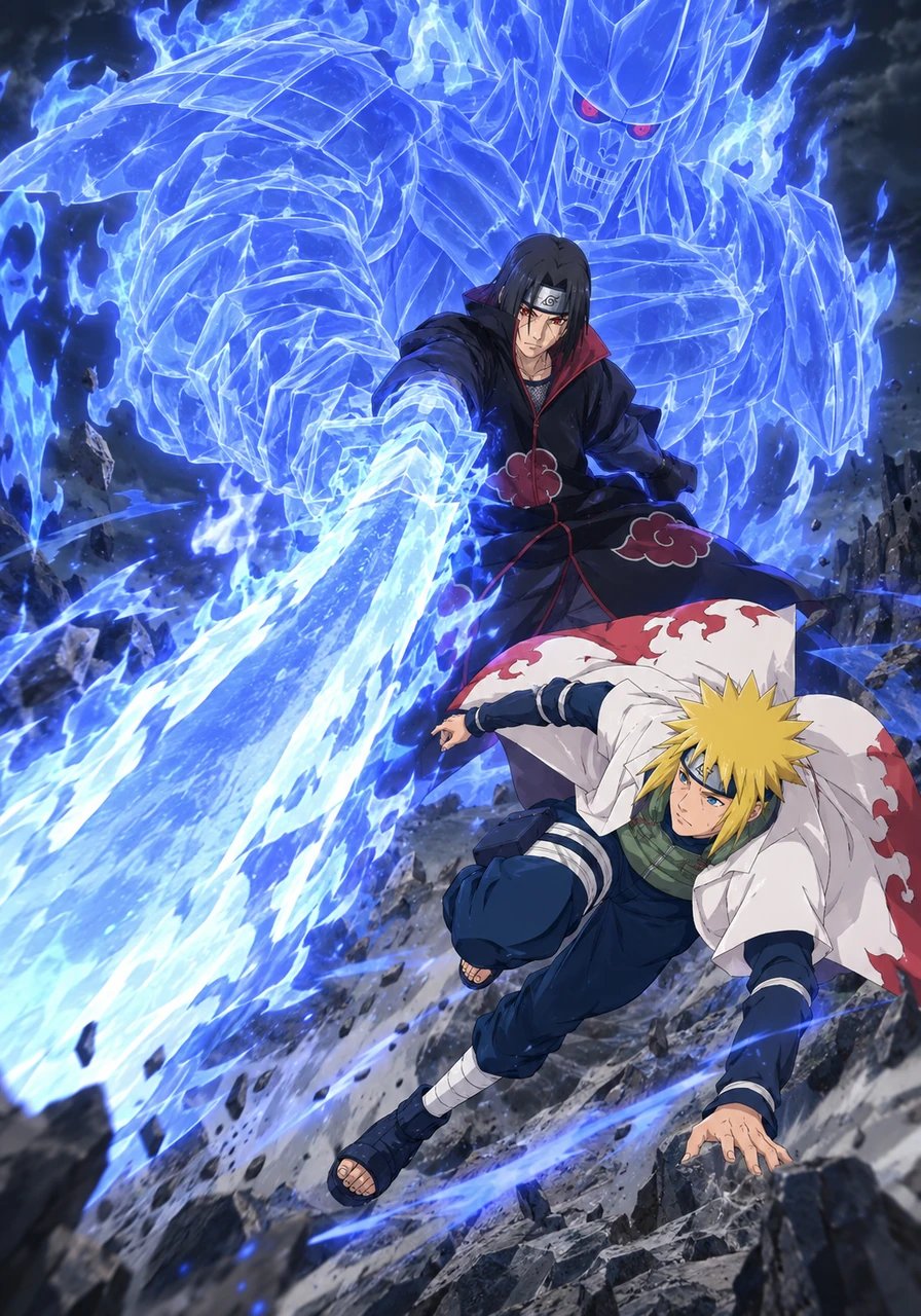 As Minato reappeared to deliver a counter-strike, a towering spectral skeleton surged around Itachi. The colossal armor of Susanoo took shape, its legendary Totsuka Blade sweeping forward with terrifying momentum. Minato dodged the strike by a hair's breadth, knowing a single misstep meant defeat.