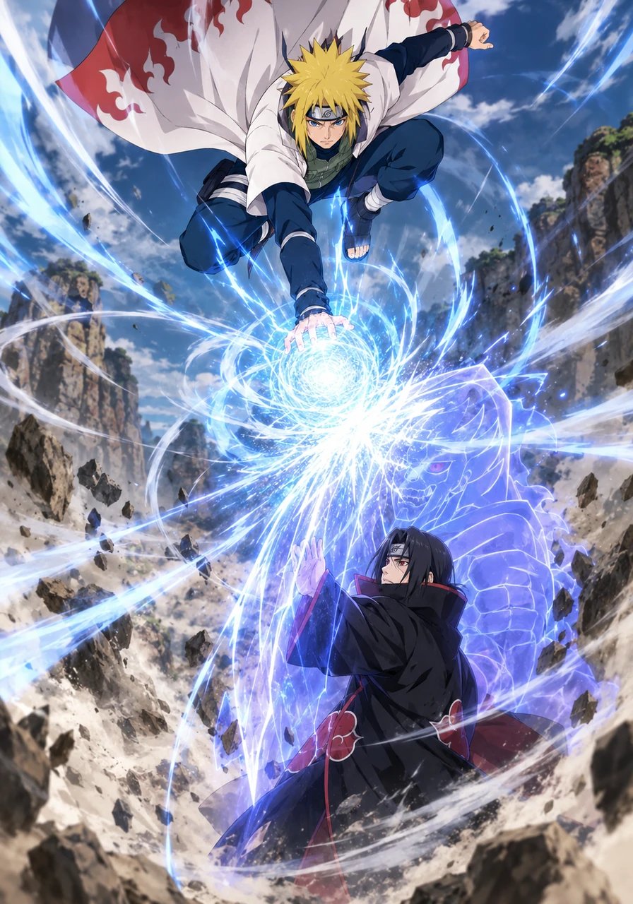 Minato concentrated his chakra into his palm, forming a swirling sphere of pure kinetic energy. He vanished once more, reappearing directly above Itachi to slam the Rasengan downward. However, at the absolute last microsecond, the impenetrable Yata Mirror manifested, deflecting the blow with a violent shockwave.