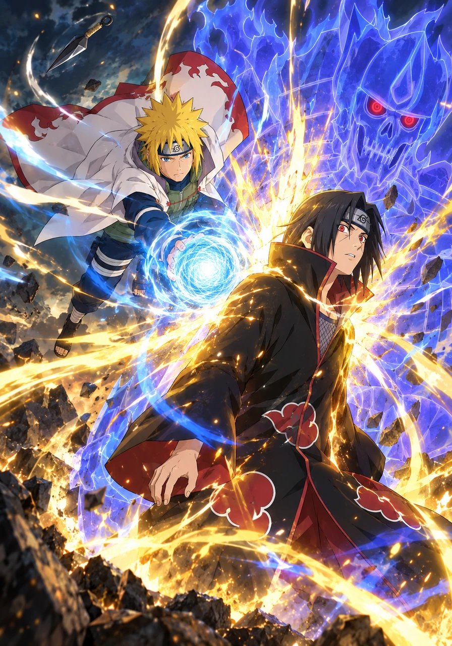 Understanding that every defense possesses a hidden angle, Minato hurled one final kunai into the air as a clever feint. Before the blade landed, he teleported directly behind Itachi beyond Susanoo's sightline, thrusting a full-power Rasengan forward. The impact triggered a massive burst of golden chakra across the terrain.