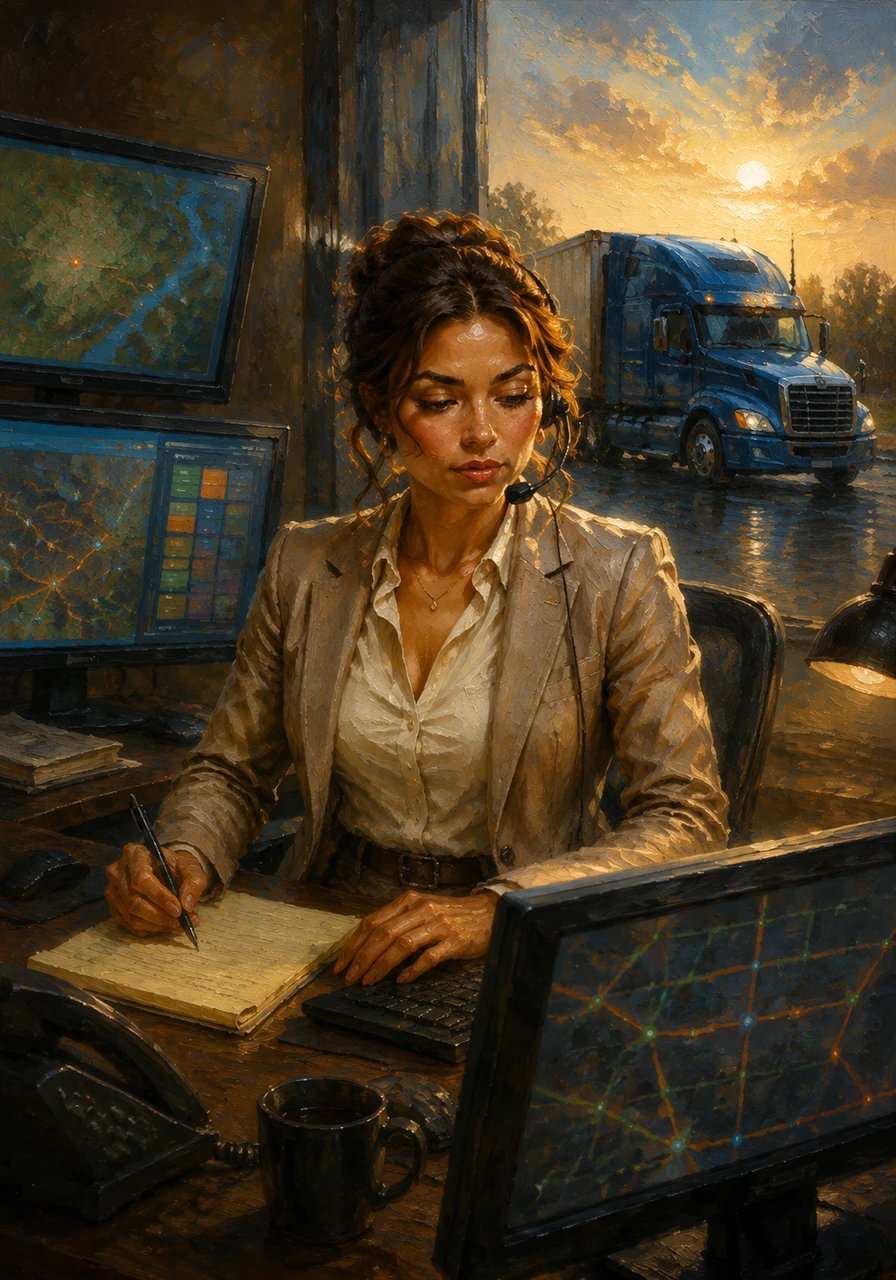 Sarah sat at her brightly lit desk early one morning. Multiple monitors blinked with maps and schedules, ready to start the day. A sleek blue aerodynamic semi-truck waited for its instructions nearby.