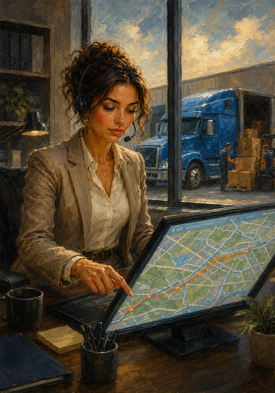Sarah's first dispatch was for the blue truck. It was to carry toys across the country. She carefully planned the fastest route on her digital screen, avoiding traffic.