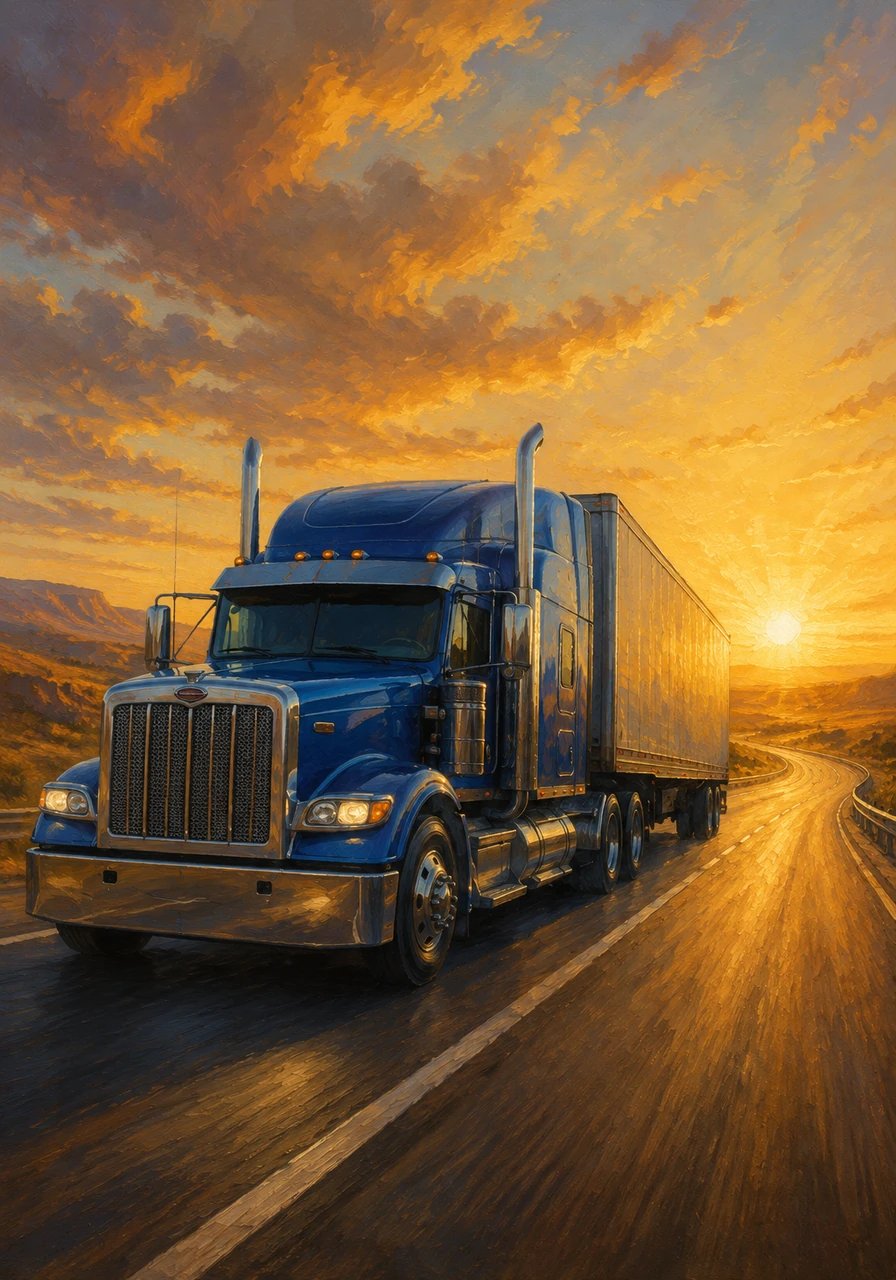 The blue semi-truck began its long journey. It merged onto a wide American interstate just as the sun was rising. The golden light painted the sky and reflected off its polished chrome and blue paint.