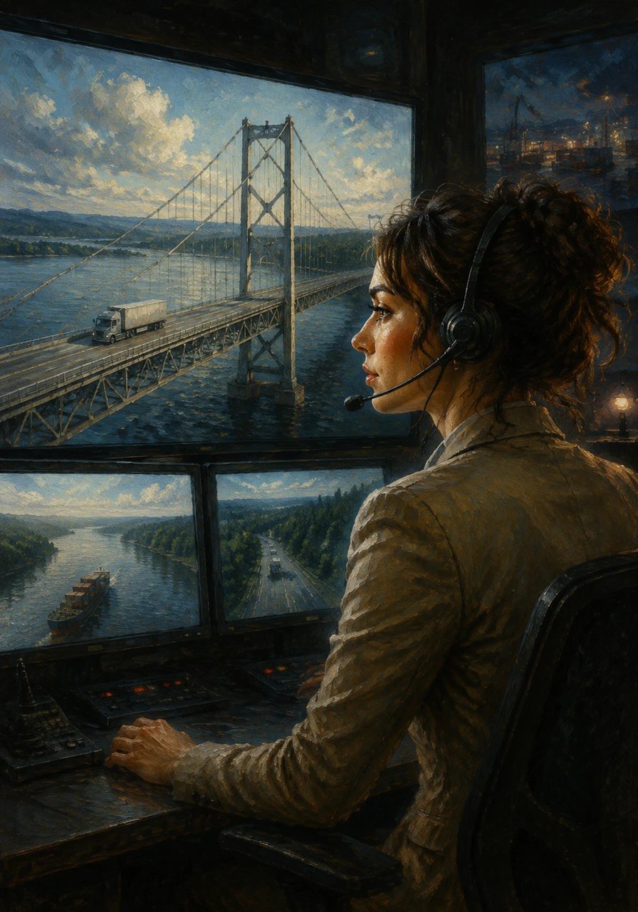 As the truck traveled, Sarah monitored its progress from her central control room. She saw it cross a magnificent suspension bridge over a wide river. Her screens detailed the load temperature and fuel levels.