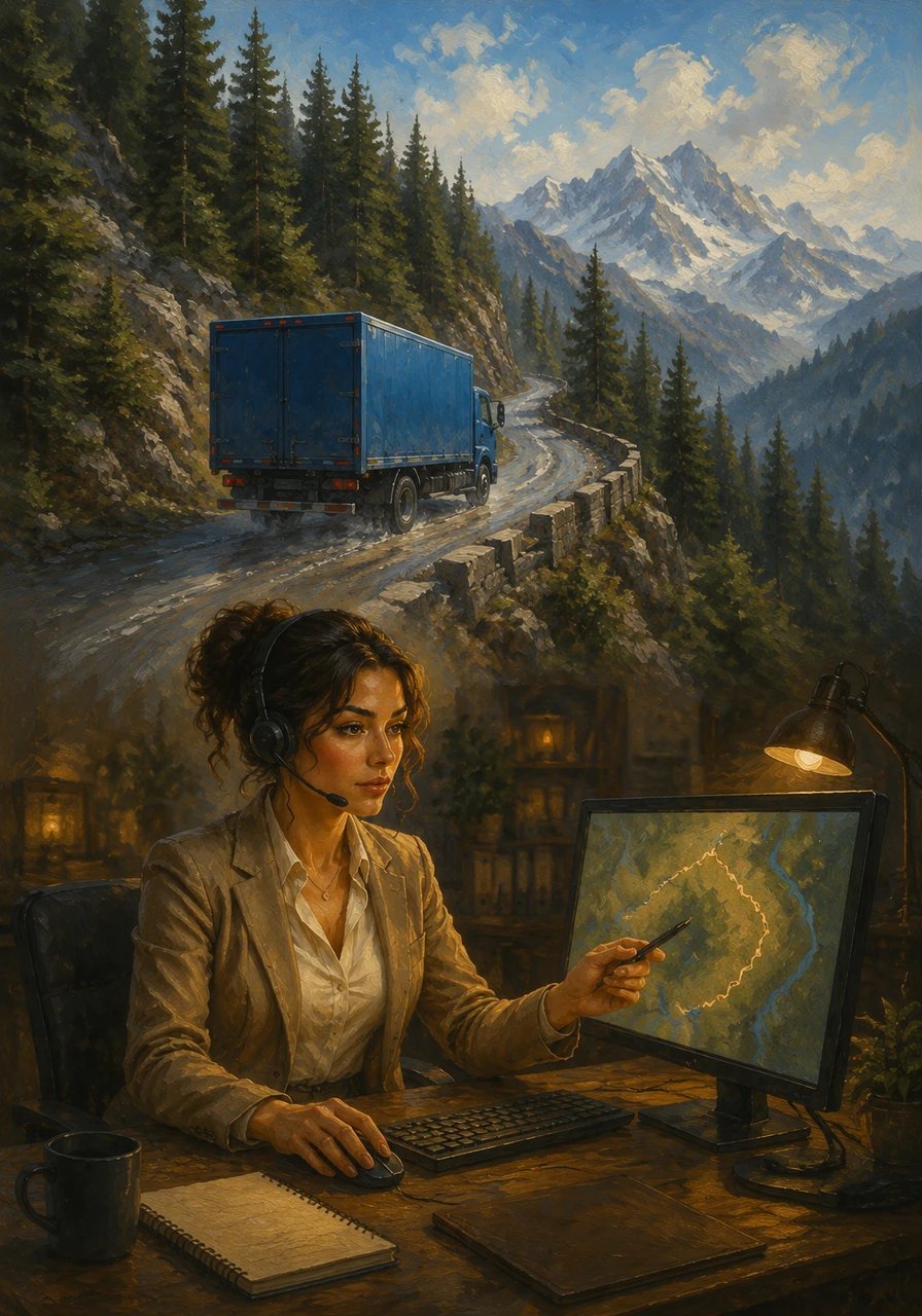 The route led into the mountains. The blue truck climbed steep hills, surrounded by forests. In her office, Sarah adjusted the schedule, ensuring the driver had plenty of time.