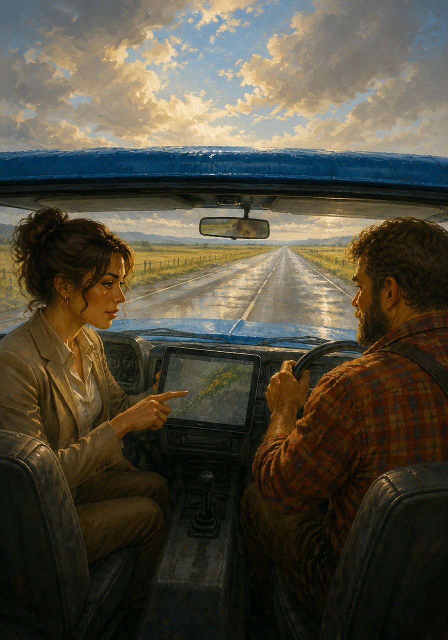 On the vast plains, a quick rain shower appeared. Sarah saw the weather update and advised the driver. The blue truck continued safely, now glistening under clearing skies.