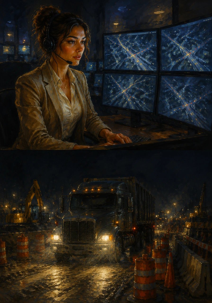 Night fell, and the truck's headlights cut through the darkness. Sarah, still at her monitors, guided the driver through complex nighttime construction zones using real-time traffic data.