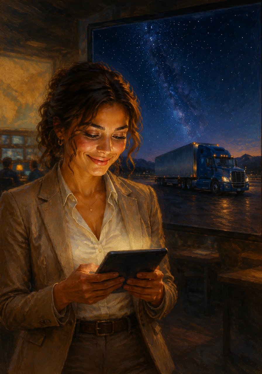 The toys were unloaded, and Sarah received the 'Delivered' notification. A final monitor shot showed the blue truck parked under the stars. Sarah smiled, knowing she had helped connect people across the nation.