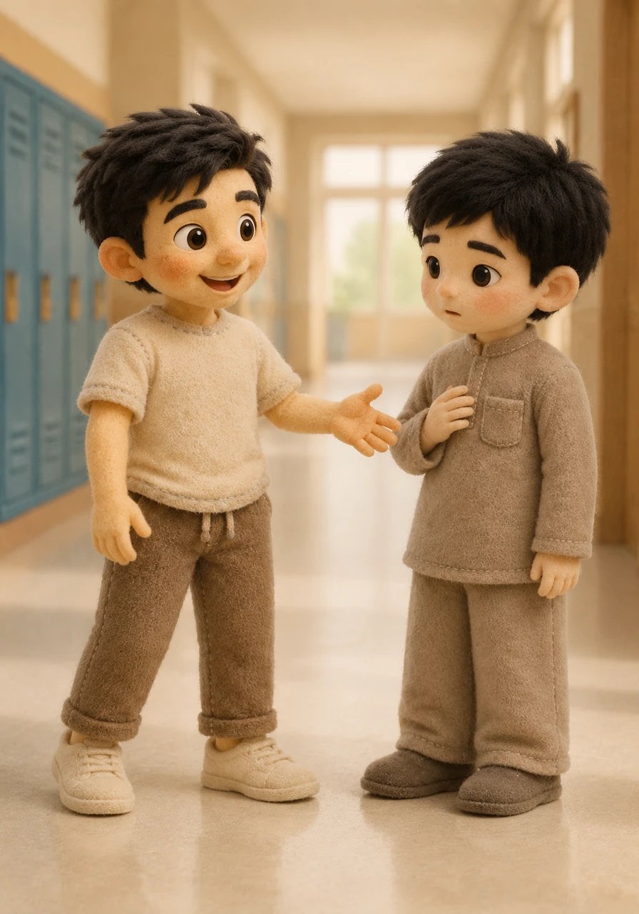A cheerful boy named Putra suddenly approached with a bright, welcoming smile. He introduced himself warmly, assuming Fariko was a new student looking for guidance. Fariko was caught off guard, softly explaining that he was actually just returning to the school.