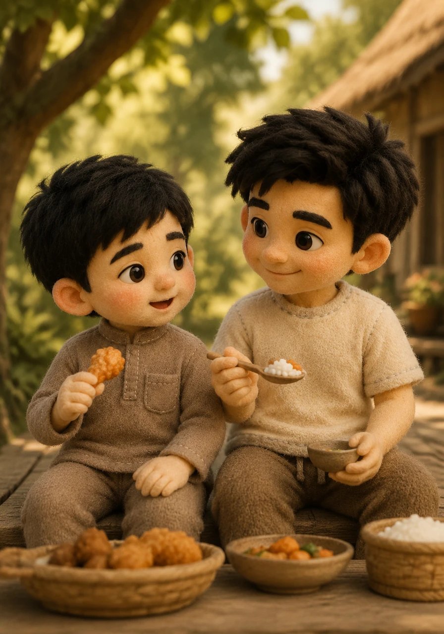 Before long, the two boys became inseparable, spending their afternoons sharing meals and laughing together. Fariko admitted that he used to spend all his time alone during his previous stay. Putra smiled warmly, promising that from now on, Fariko would never have to be alone again.