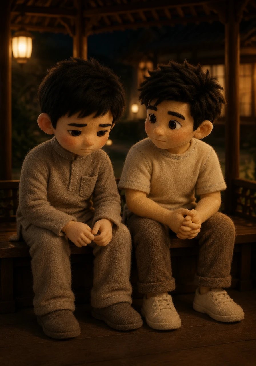 Late that evening, under the dim lights of the quiet courtyard gazebo, Putra finally let his guard down. He confessed how exhausting it was to always pretend to be strong and hide his vulnerability from the world. Fariko listened intently, sharing that he understood the heavy burden of that pain all too well.